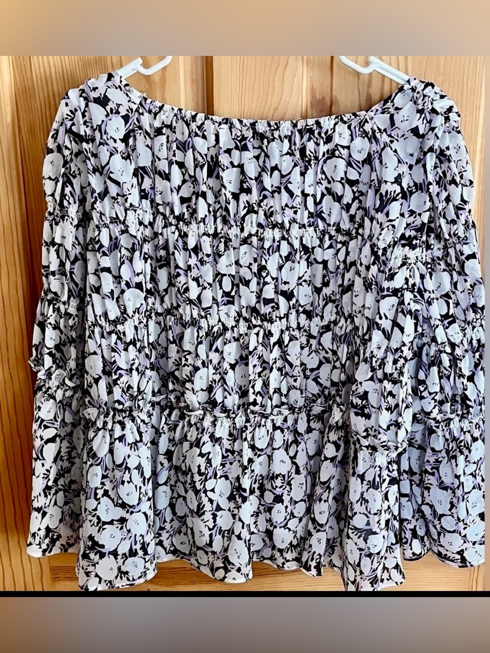 Nine West Boho Floral Smocked Blouse Large L Black White Pastel Pink Bell Sleeve